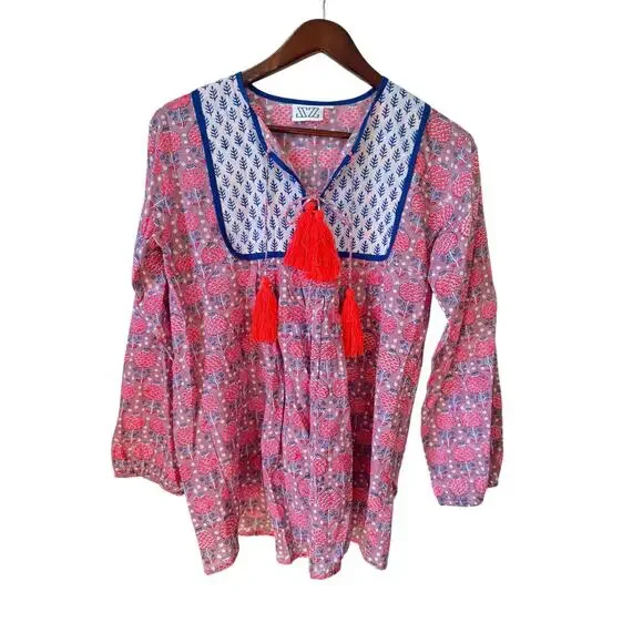 SZ Block Prints Tunic Top with Tassel Accents Red Size Medium Made in India Boho - Picture 2 of 9